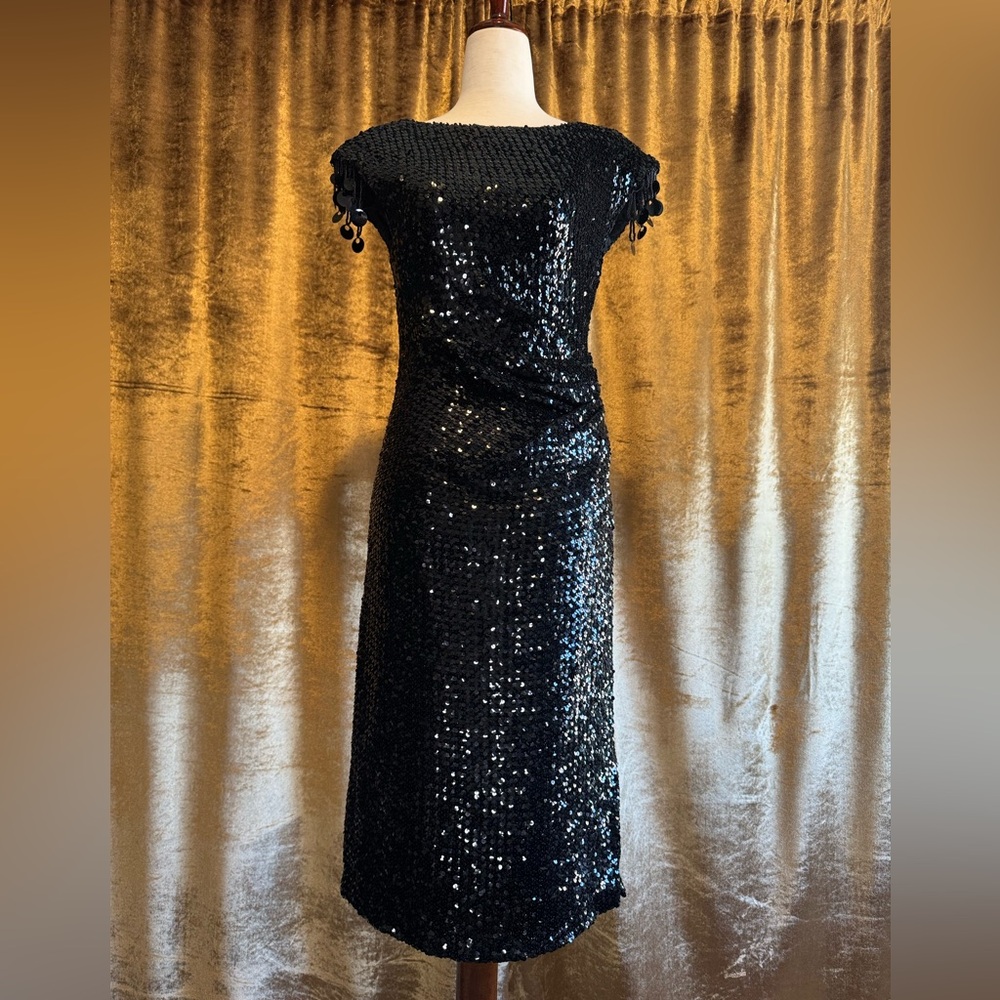 Vintage Merve Facette Sequined Dress | Black | Beaded Fringe, Sz Small, 4